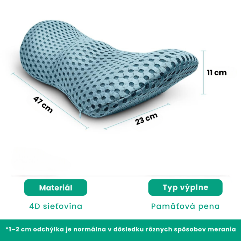 Rozmery vankúša (47×23×11 cm), materiál: 4D sieťovina a pamäťová pena; možná odchýlka 1–2 cm.