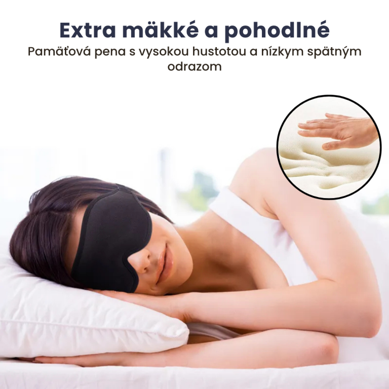 Žena počas spánku s čiernou maskou z pamäťovej peny s vysokou hustotou.