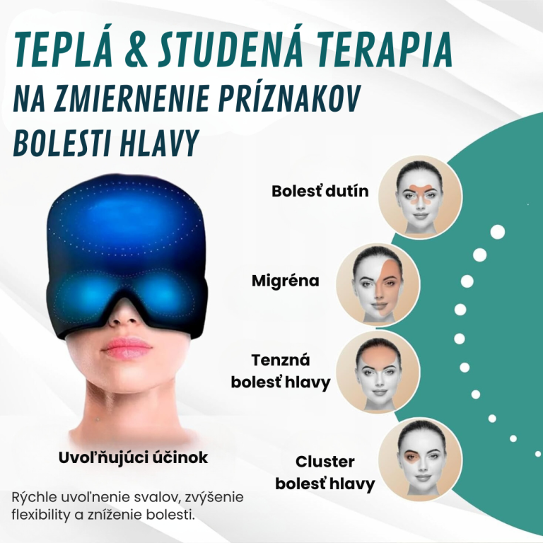 Žena s chladiacou a hrejivou maskou na hlavu, určenou na zmiernenie rôznych typov bolesti hlavy – migréna, bolesť dutín, tenzná a klastrová bolesť. Maska má relaxačný účinok, podporuje uvoľnenie svalov a zníženie bolesti.