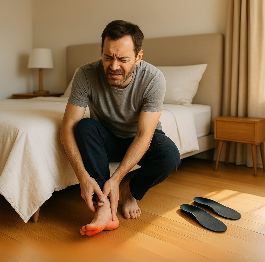 Muž s rannou bolesťou päty spôsobenou plantárnou fasciitídou