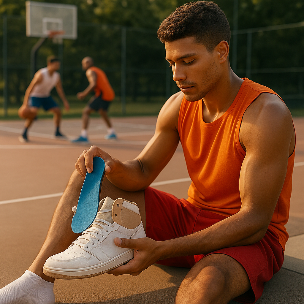 Mladý basketbalista používa ortopedickú vložku počas tréningu na prevenciu zranení.