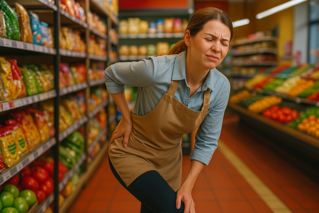pracujúca žena vykonávajúca prácu v stoji s bolesťou nôh a krížov